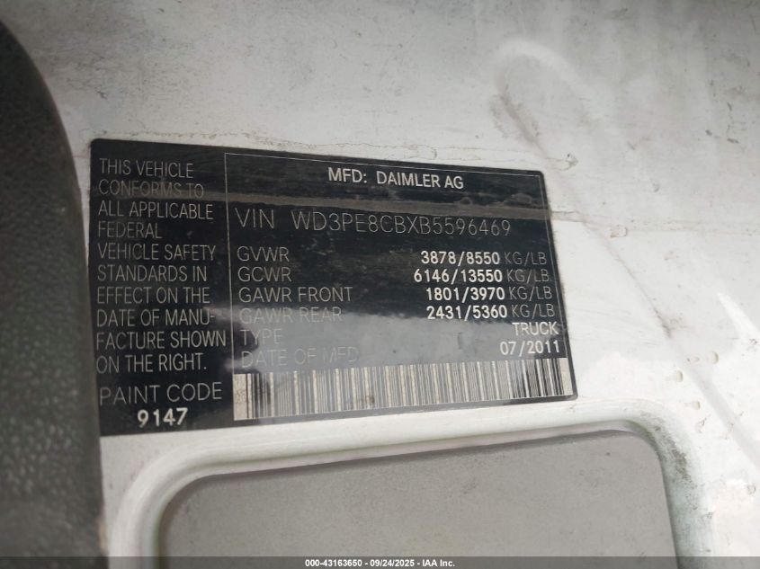 2011 Mercedes-Benz Sprinter 2500 High Roof VIN: WD3PE8CBXB5596469 Lot: 43163650