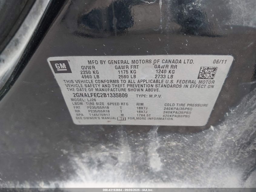 2011 Chevrolet Equinox Ltz VIN: 2GNALFEC2B1335809 Lot: 43163664