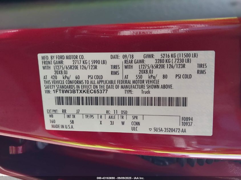 2019 Ford F-350 Lariat VIN: 1FT8W3BTXKEC65377 Lot: 43163698