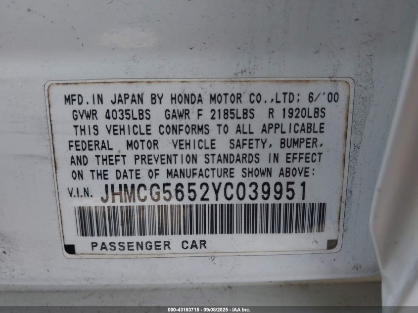 2000 Honda Accord 2.3 Ex VIN: JHMCG5652YC039951 Lot: 43163715