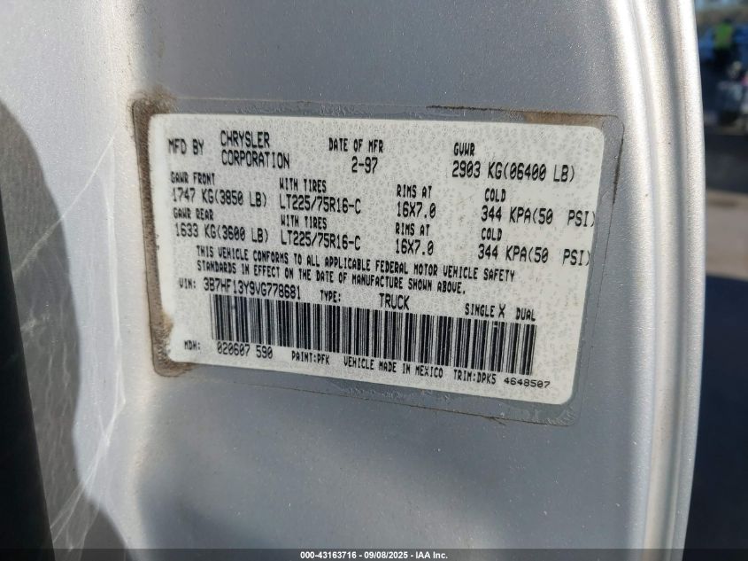 1997 Dodge Ram 1500 St VIN: 3B7HF13Y9VG778681 Lot: 43163716