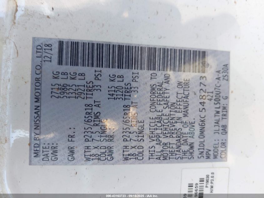 2019 Infiniti Qx60 Luxe VIN: 5N1DL0MN6KC548273 Lot: 43163723