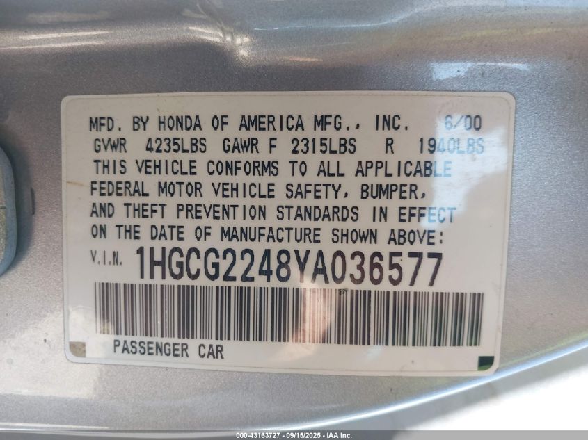 2000 Honda Accord 3.0 Lx VIN: 1HGCG2248YA036577 Lot: 43163727