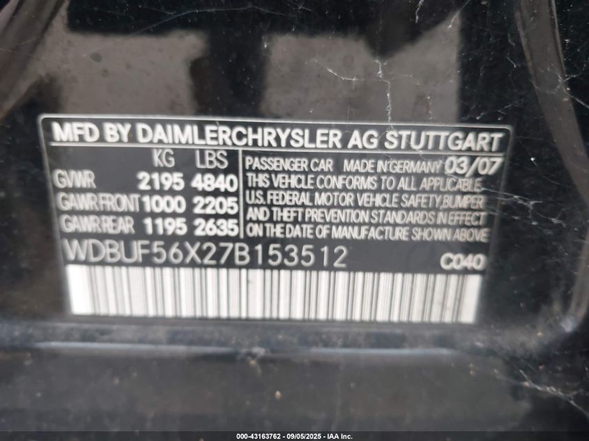 2007 Mercedes-Benz E 350 VIN: WDBUF56X27B153512 Lot: 43163762