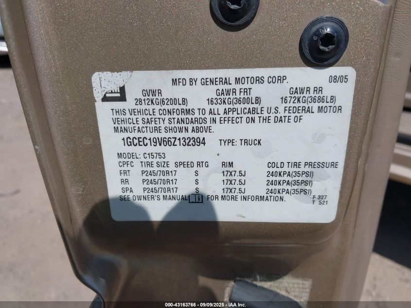 2006 Chevrolet Silverado 1500 Lt1 VIN: 1GCEC19V66Z132394 Lot: 43163766