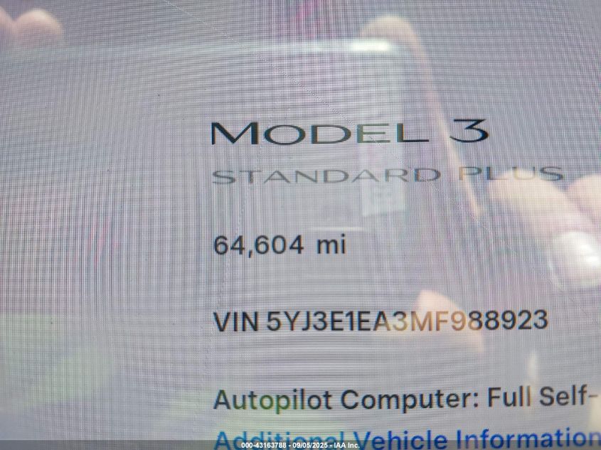 2021 Tesla Model 3 Standard Range Plus Rear-Wheel Drive VIN: 5YJ3E1EA3MF988923 Lot: 43163788