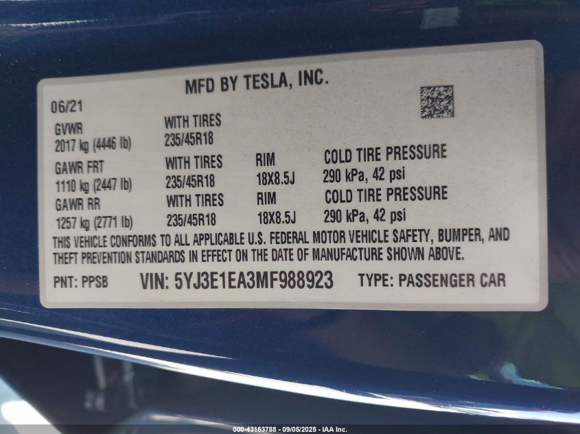 2021 Tesla Model 3 Standard Range Plus Rear-Wheel Drive VIN: 5YJ3E1EA3MF988923 Lot: 43163788