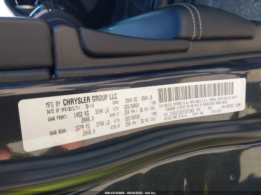 2015 Jeep Grand Cherokee Overland VIN: 1C4RJFCG3FC671802 Lot: 43163808