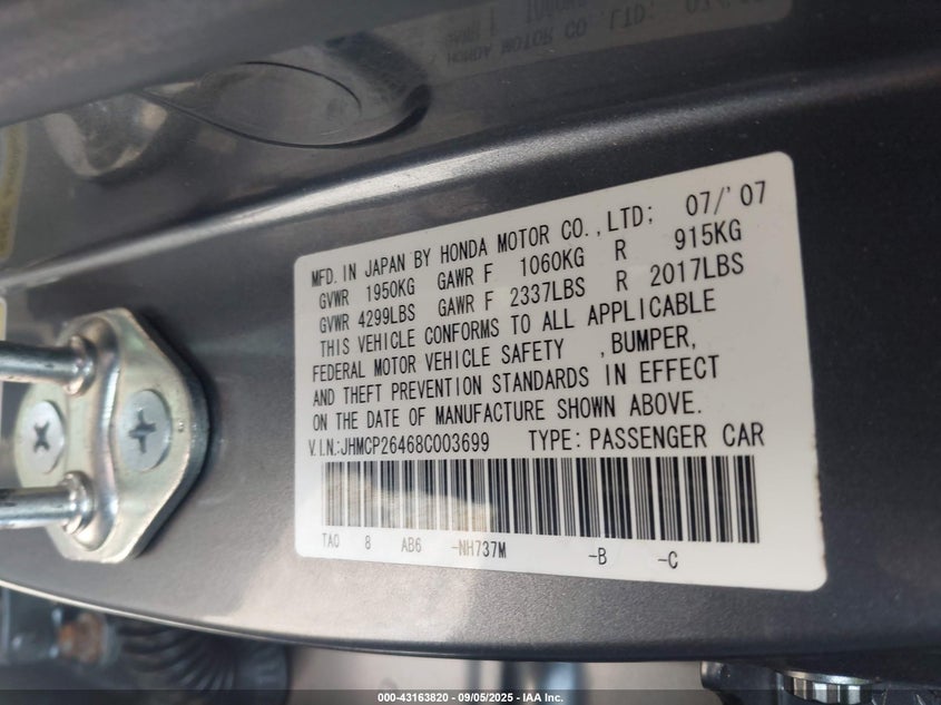 JHMCP26468C003699 2008 HONDA ACCORD photo no. 9