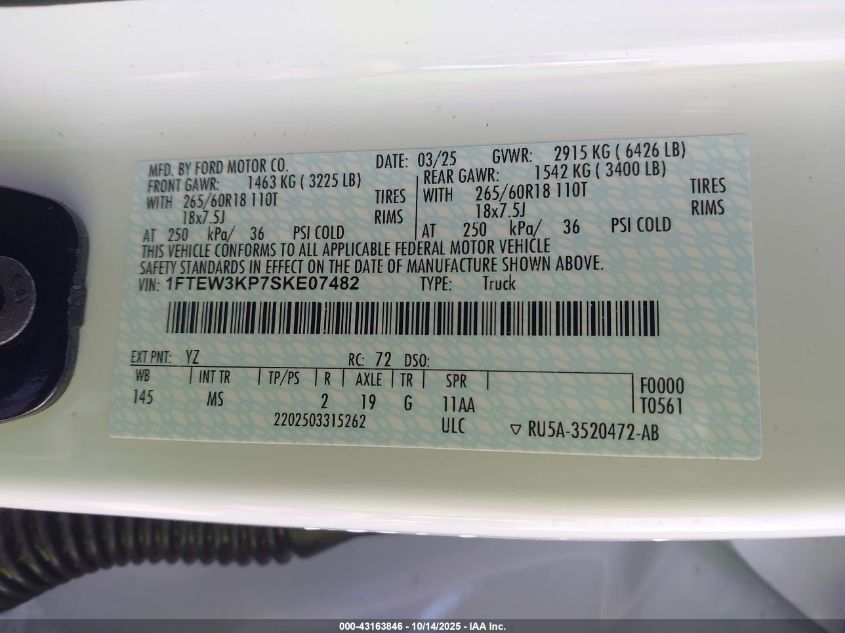2025 Ford F-150 Xlt VIN: 1FTEW3KP7SKE07482 Lot: 43163846