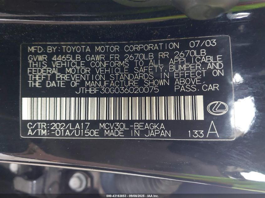 2003 Lexus Es 300 VIN: JTHBF30G036020075 Lot: 43163853