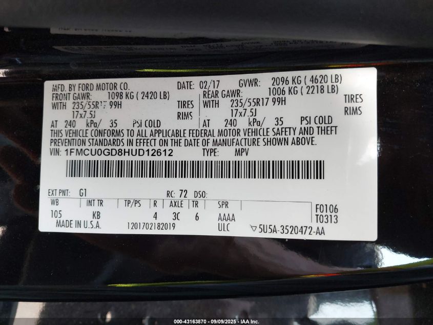 2017 Ford Escape Se VIN: 1FMCU0GD8HUD12612 Lot: 43163870