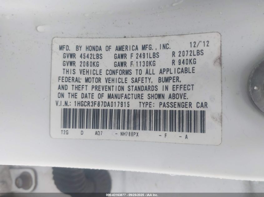 2013 Honda Accord Ex-L V-6 VIN: 1HGCR3F87DA017915 Lot: 43163877