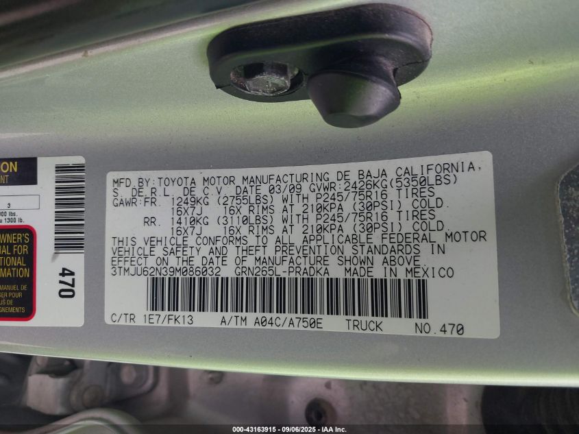 2009 Toyota Tacoma Prerunner V6 VIN: 3TMJU62N39M086032 Lot: 43163915