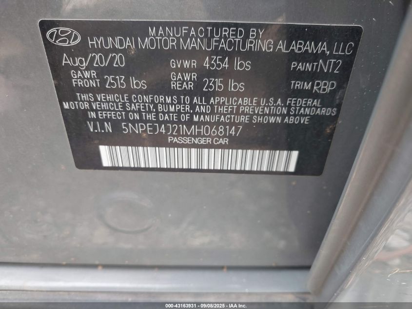 2021 Hyundai Sonata Sel Plus VIN: 5NPEJ4J21MH068147 Lot: 43163931