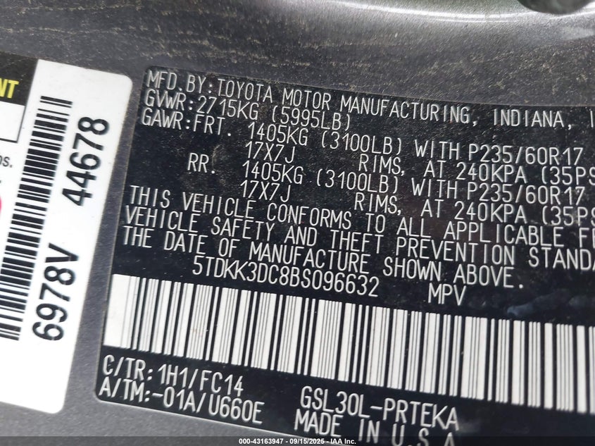 2011 Toyota Sienna Le V6 VIN: 5TDKK3DC8BS096632 Lot: 43163947