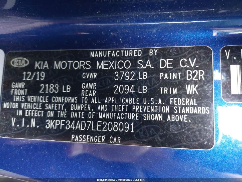2020 Kia Forte Gt-Line VIN: 3KPF34AD7LE208091 Lot: 43163952