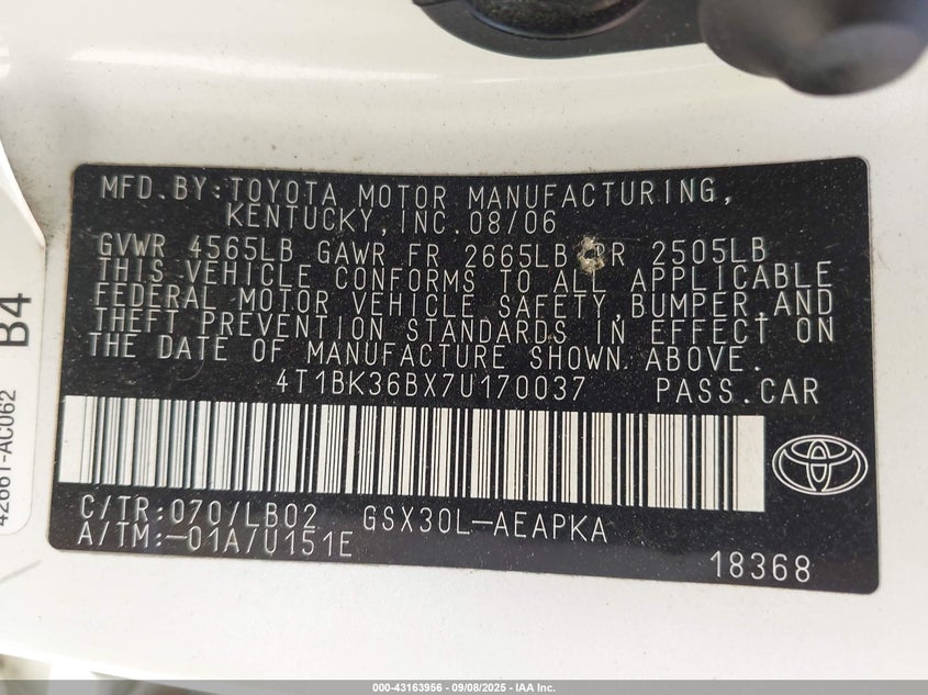 2007 Toyota Avalon Limited VIN: 4T1BK36BX7U170037 Lot: 43163956