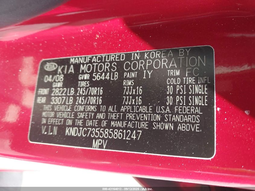 2008 Kia Sorento Lx VIN: KNDJC735585861247 Lot: 43164013