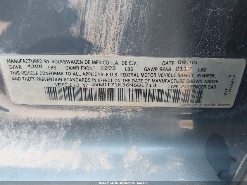 2006 Volkswagen Jetta Tdi VIN: 3VWDT71K36M681713 Lot: 43164016