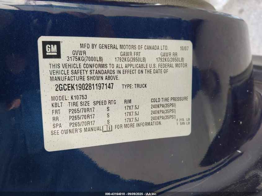 2008 Chevrolet Silverado 1500 Lt1 VIN: 2GCEK190281197147 Lot: 43164018