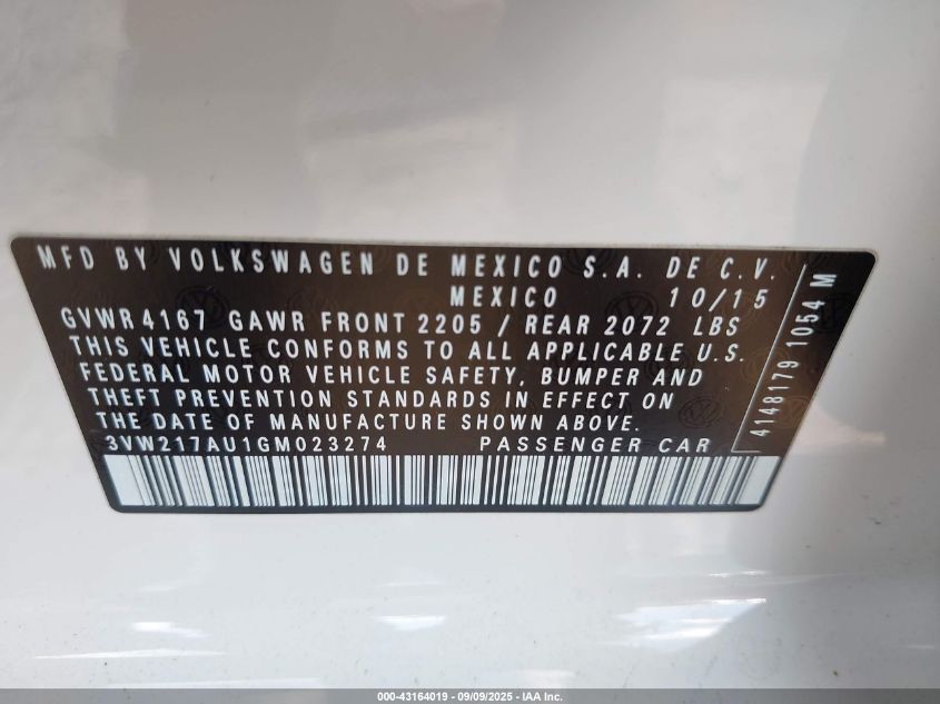 2016 Volkswagen Golf Tsi S 4-Door VIN: 3VW217AU1GM023274 Lot: 43164019