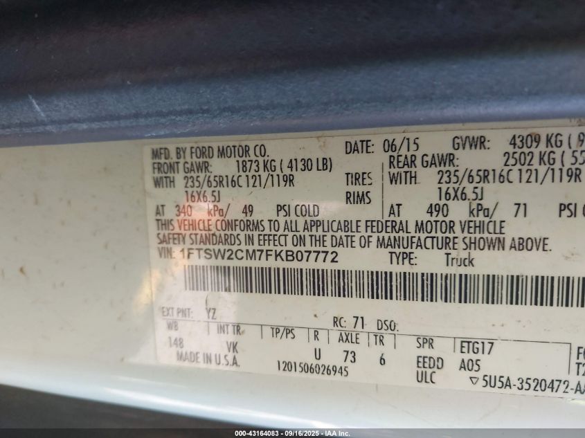 2015 Ford Transit-350 VIN: 1FTSW2CM7FKB07772 Lot: 43164083