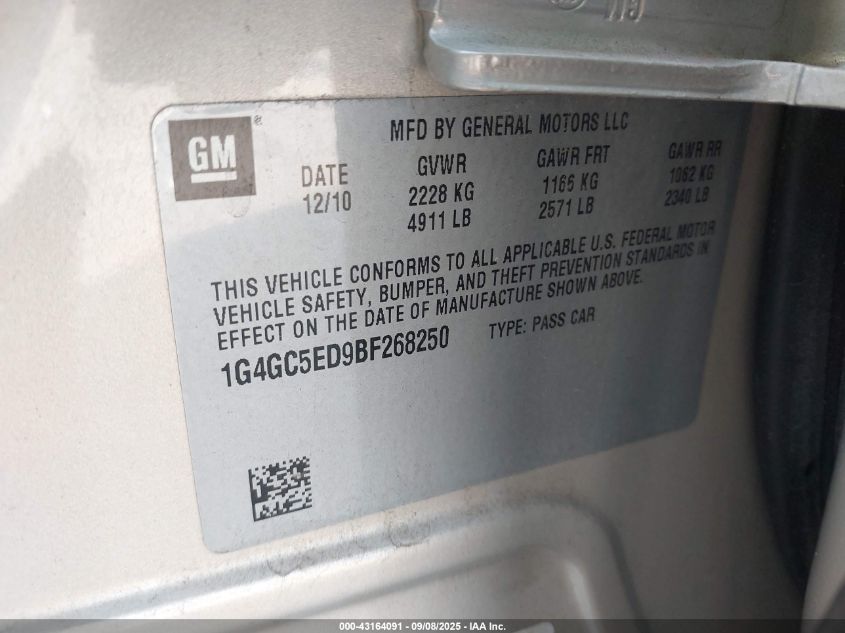 2011 Buick Lacrosse Cxl VIN: 1G4GC5ED9BF268250 Lot: 43164091