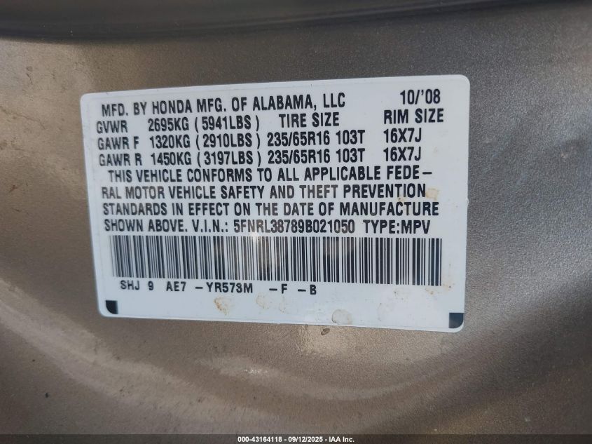 2009 Honda Odyssey Ex-L VIN: 5FNRL38789B021050 Lot: 43164118