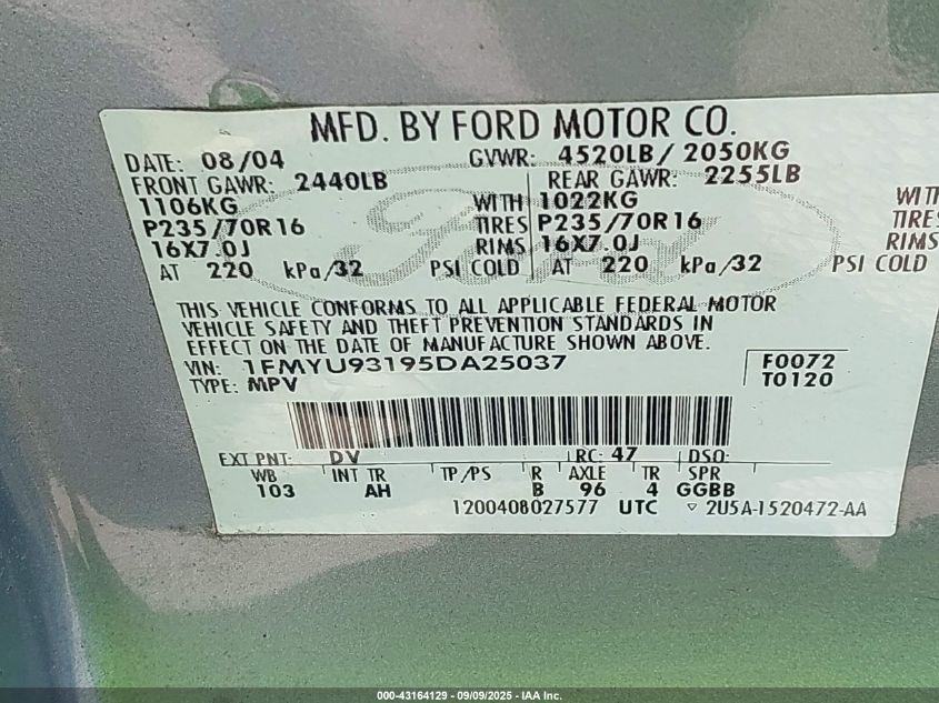 2005 Ford Escape Xlt VIN: 1FMYU93195DA25037 Lot: 43164129