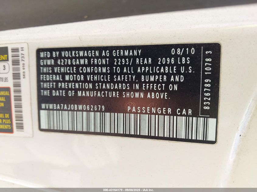 2011 Volkswagen Golf 2.5L 2-Door VIN: WVWBA7AJ0BW062679 Lot: 43164179