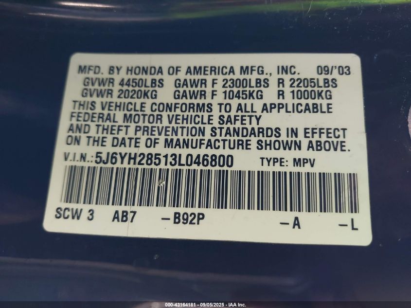 2003 Honda Element Ex VIN: 5J6YH28513L046800 Lot: 43164181