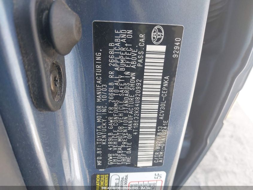 2004 Toyota Camry Le VIN: 4T1BE32K64U820992 Lot: 43164199