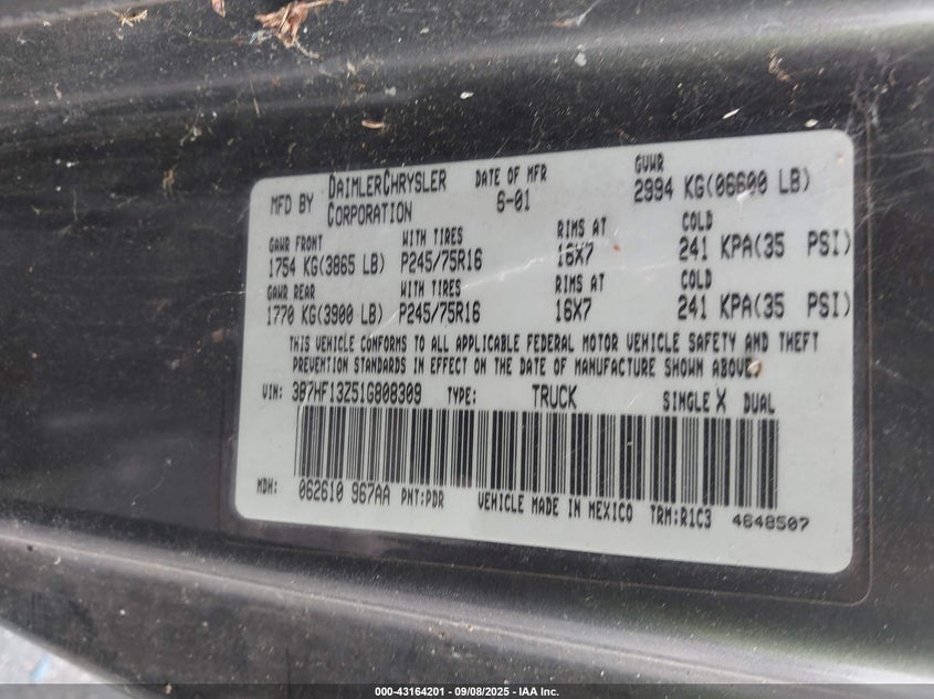 2001 Dodge Ram 1500 St VIN: 3B7HF13Z51G808309 Lot: 43164201