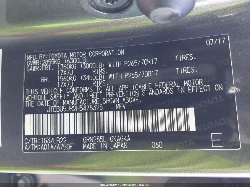 2017 Toyota 4Runner Sr5 Premium VIN: JTEBU5JR2H5478325 Lot: 43164217