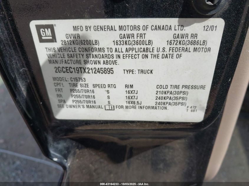 2002 Chevrolet Silverado 1500 Lt VIN: 2GCEC19TX21245895 Lot: 43164233