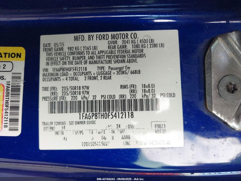 2015 Ford Mustang Ecoboost VIN: 1FA6P8TH0F5412118 Lot: 43164243