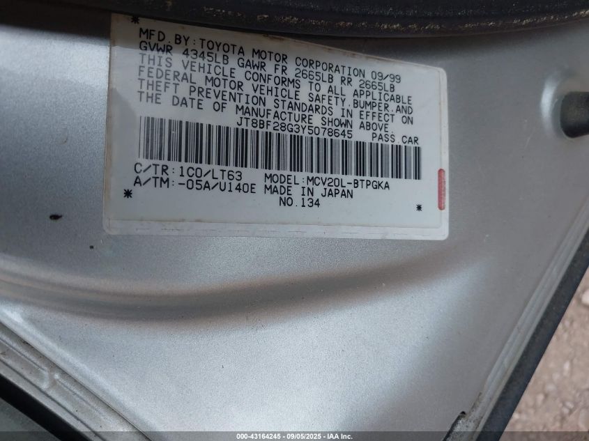 2000 Lexus Es 300 VIN: JT8BF28G3Y5078645 Lot: 43164245