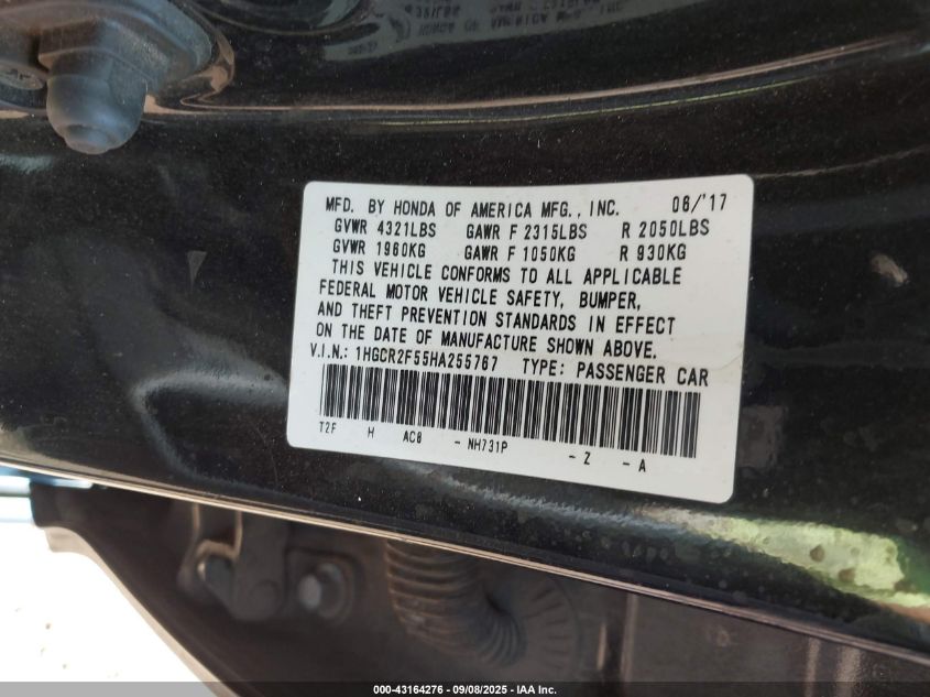 2017 Honda Accord Sport VIN: 1HGCR2F55HA255767 Lot: 43164276