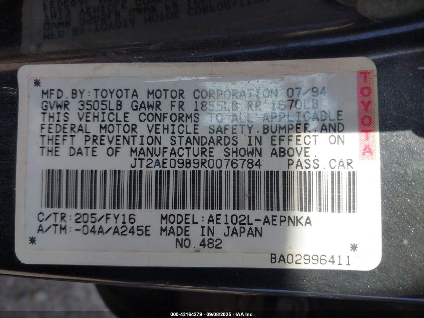 1994 Toyota Corolla Le/Dx VIN: JT2AE09B9R0076784 Lot: 43164279