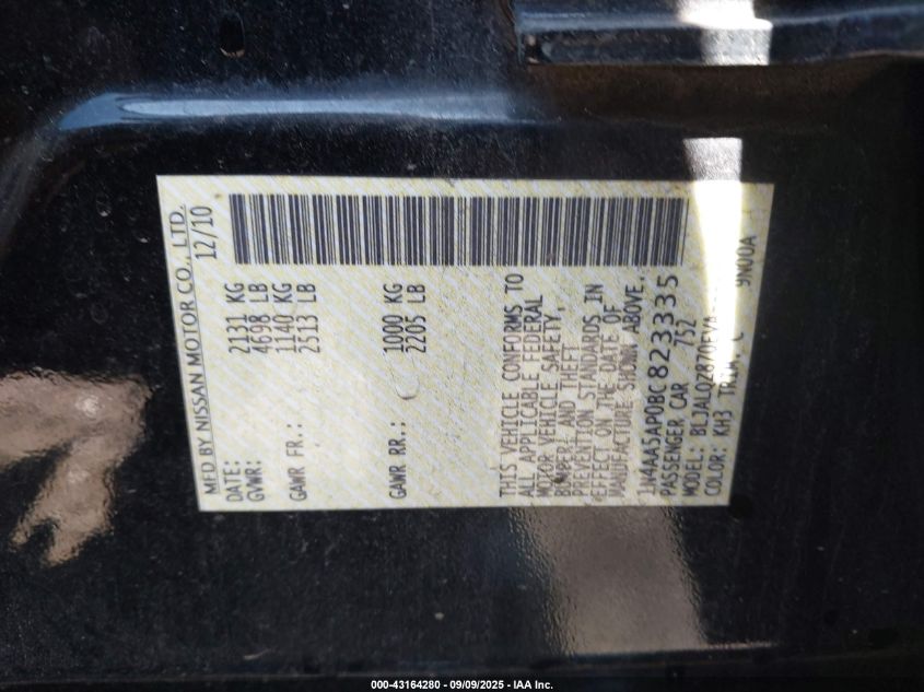 2011 Nissan Maxima 3.5 S VIN: 1N4AA5AP0BC823335 Lot: 43164280