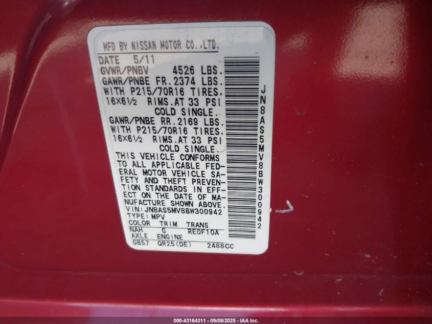 2011 Nissan Rogue S VIN: JN8AS5MV8BW300942 Lot: 43164311