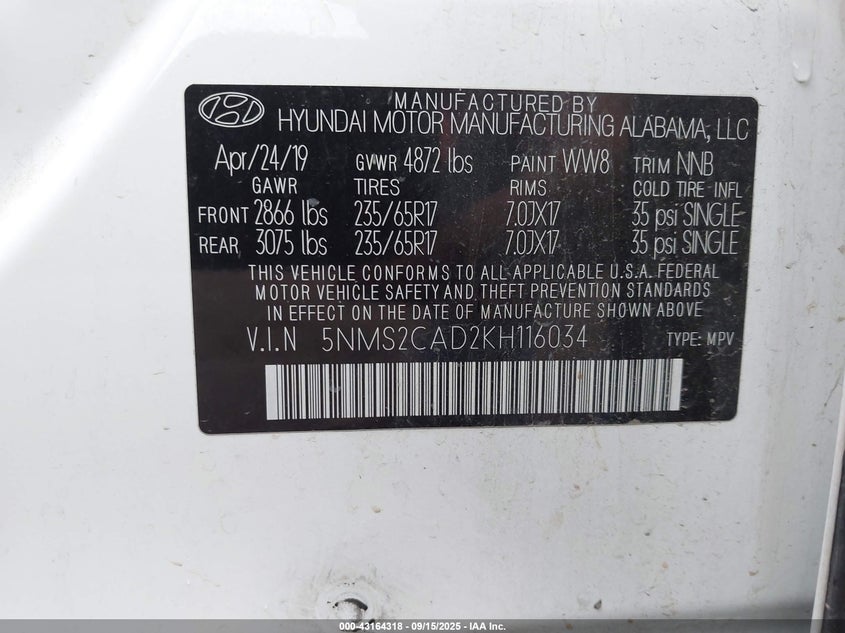 2019 HYUNDAI SANTA FE SE - 5NMS2CAD2KH116034