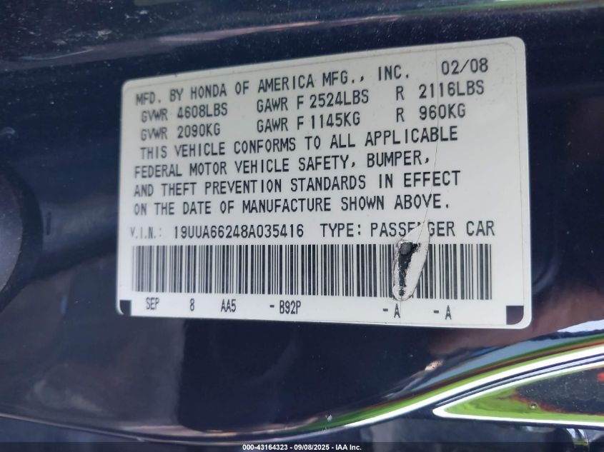 2008 Acura Tl 3.2 VIN: 19UUA66248A035416 Lot: 43164323
