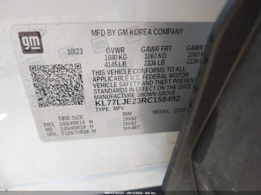 2024 Chevrolet Trax 2Rs VIN: KL77LJE23RC158492 Lot: 43164357