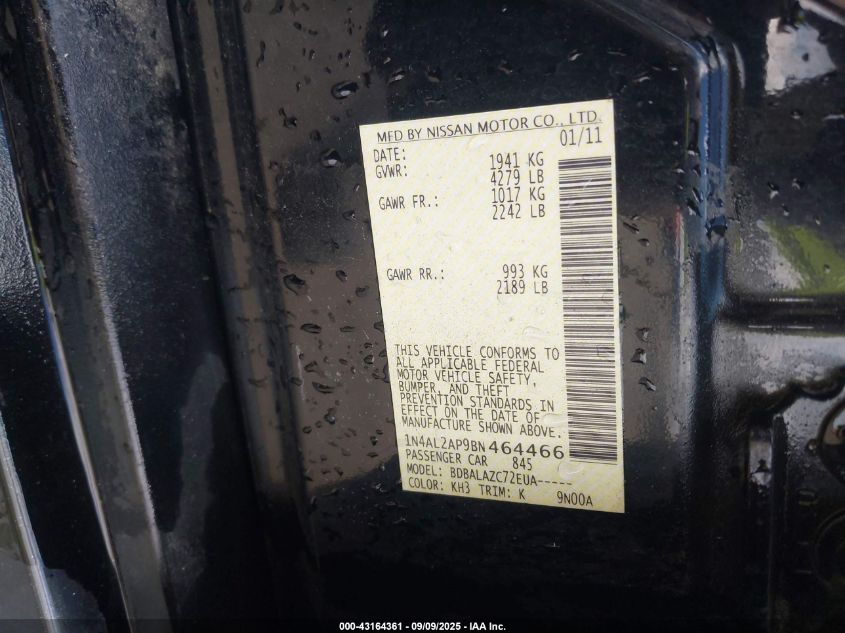 2011 Nissan Altima 2.5 VIN: 1N4AL2AP9BN464466 Lot: 43164361