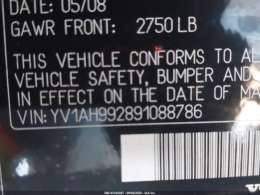 2009 Volvo S80 T6 VIN: YV1AH992891088786 Lot: 43164367