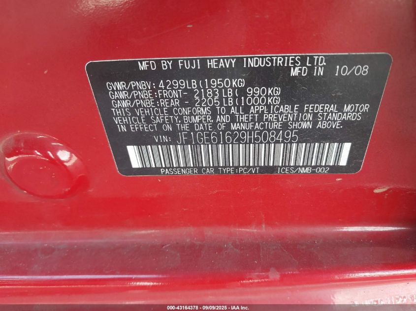 2009 Subaru Impreza 2.5I VIN: JF1GE61629H508495 Lot: 43164378