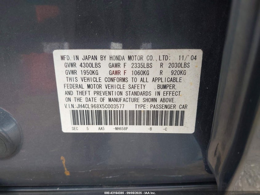 2005 Acura Tsx VIN: JH4CL968X5C003577 Lot: 43164385