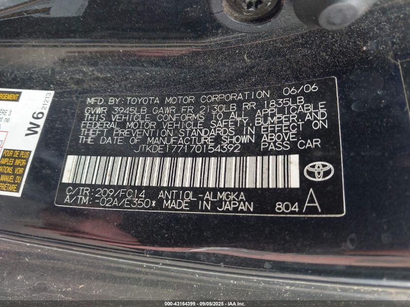 2007 Scion Tc VIN: JTKDE177170154392 Lot: 43164399